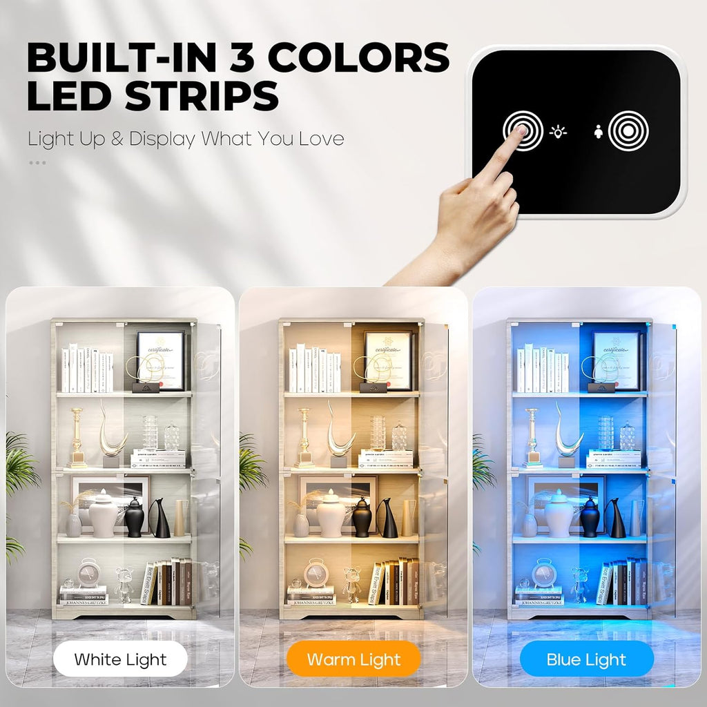 Display Cabinet with Glass Doors, 4-Tier Curio Cabinet with 3 Color Lights for Collectibles, Glass Display Case with Human Body Sensor, Storage Cabinet, White🔥