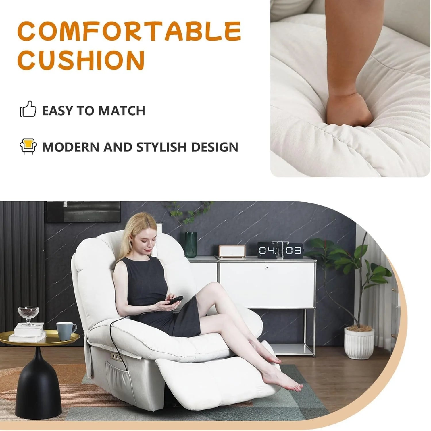 Power Recliner Chair, Massage Rocker Recliner Chairs for Adults with Heated, Oversized Rocker Swivel Chairs for Living Room, Comfy Nursery Rocking Chairs with USB-C Ports and Side Pocket, White🔥