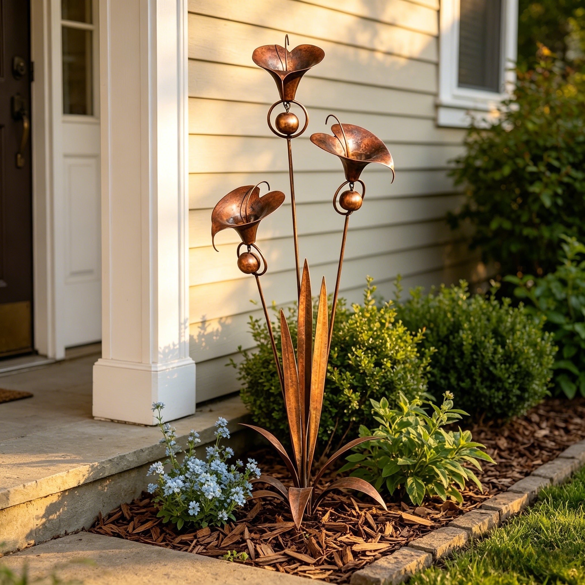 Flamed Copper Three Calla Lilies Garden Stake with Bells, 28" Handcrafted Outdoor Yard Art🔥
