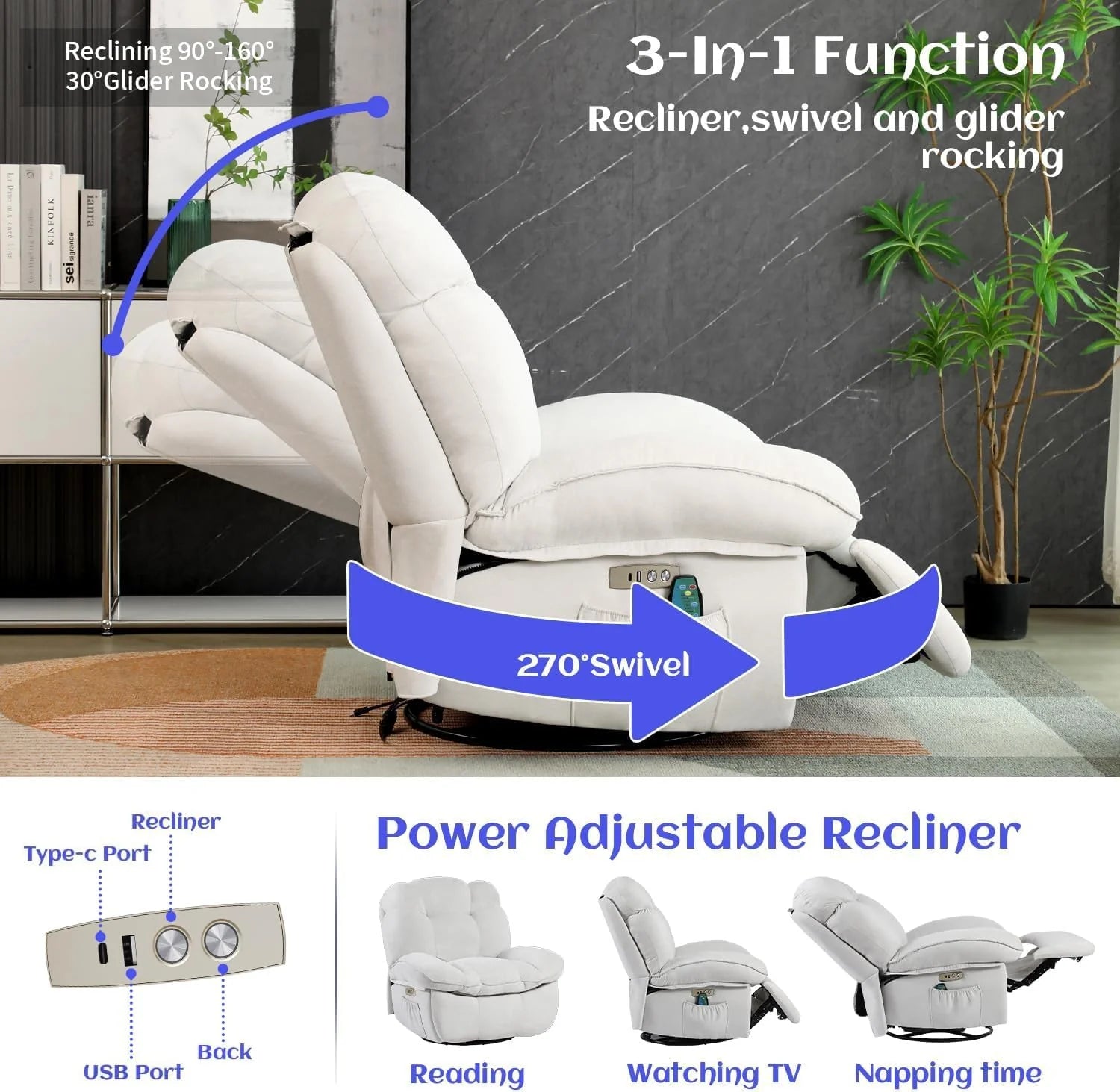 Power Recliner Chair, Massage Rocker Recliner Chairs for Adults with Heated, Oversized Rocker Swivel Chairs for Living Room, Comfy Nursery Rocking Chairs with USB-C Ports and Side Pocket, White🔥