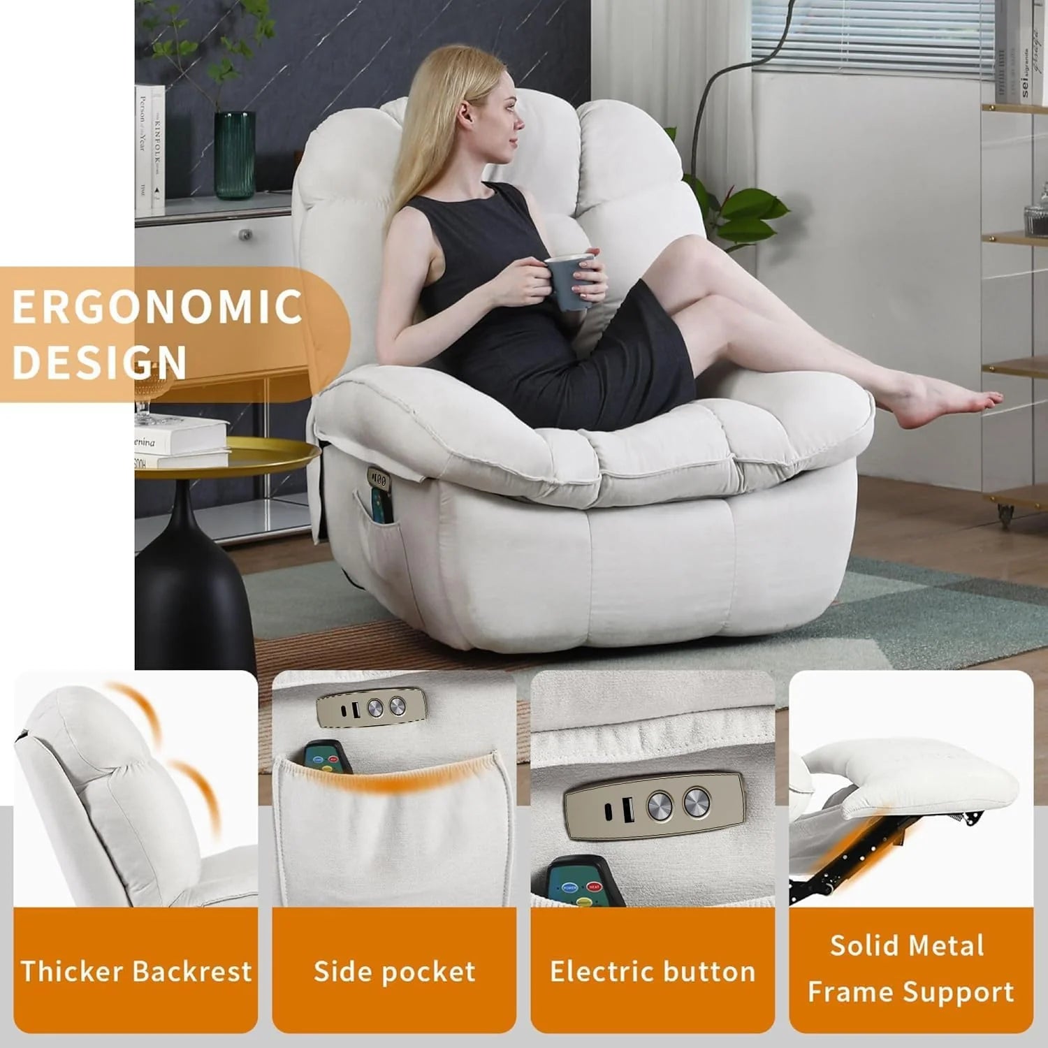 Power Recliner Chair, Massage Rocker Recliner Chairs for Adults with Heated, Oversized Rocker Swivel Chairs for Living Room, Comfy Nursery Rocking Chairs with USB-C Ports and Side Pocket, White🔥