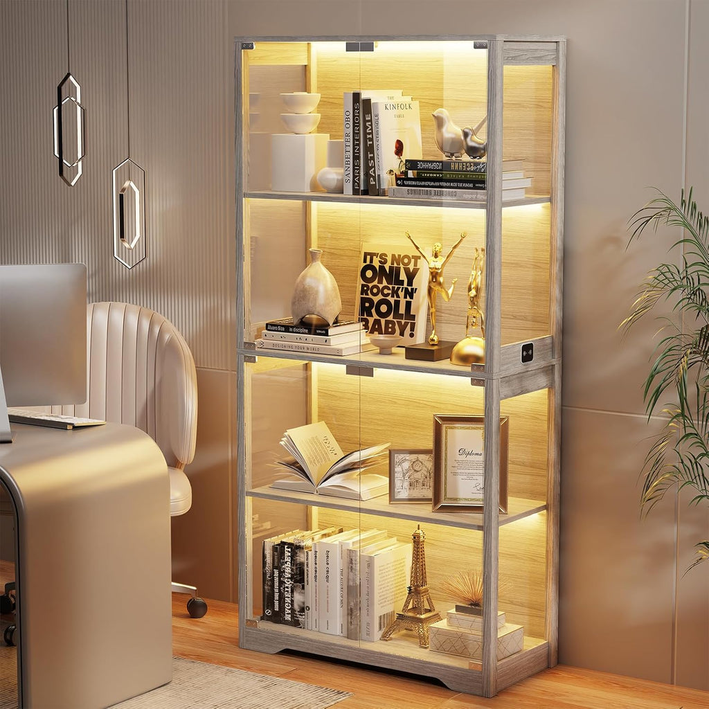Display Cabinet with Glass Doors, 4-Tier Curio Cabinet with 3 Color Lights for Collectibles, Glass Display Case with Human Body Sensor, Storage Cabinet, White🔥