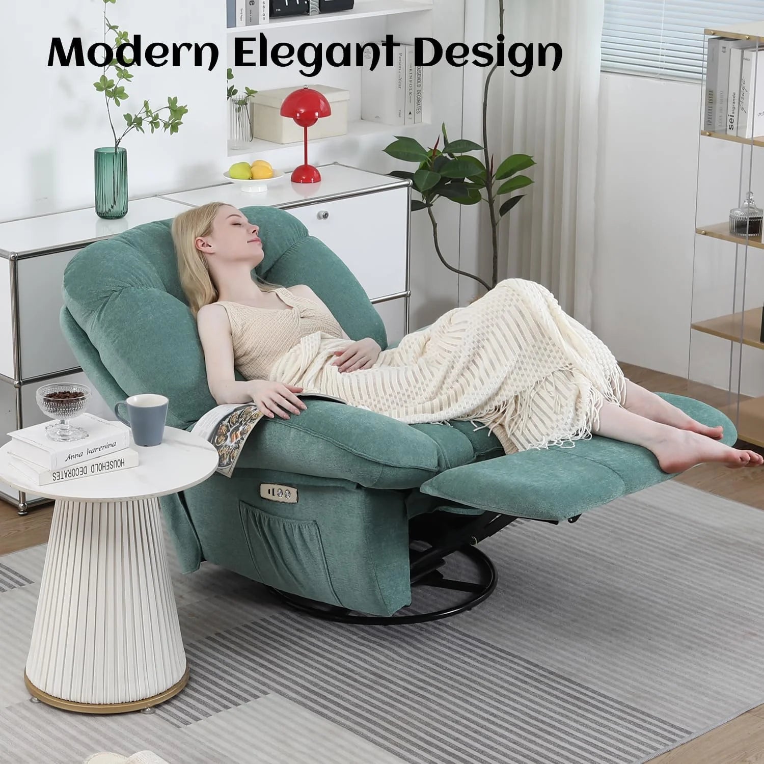 Power Recliner Chair, Massage Rocker Recliner Chairs for Adults with Heated, Oversized Rocker Swivel Chairs for Living Room, Comfy Nursery Rocking Chairs with USB-C Ports and Side Pocket, White🔥