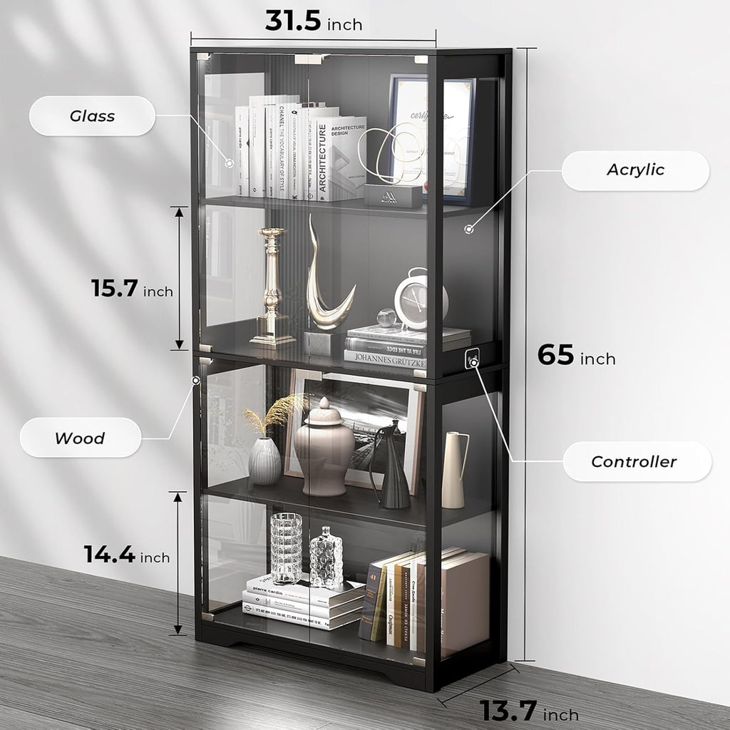 Display Cabinet with Glass Doors, 4-Tier Curio Cabinet with 3 Color Lights for Collectibles, Glass Display Case with Human Body Sensor, Storage Cabinet, White🔥