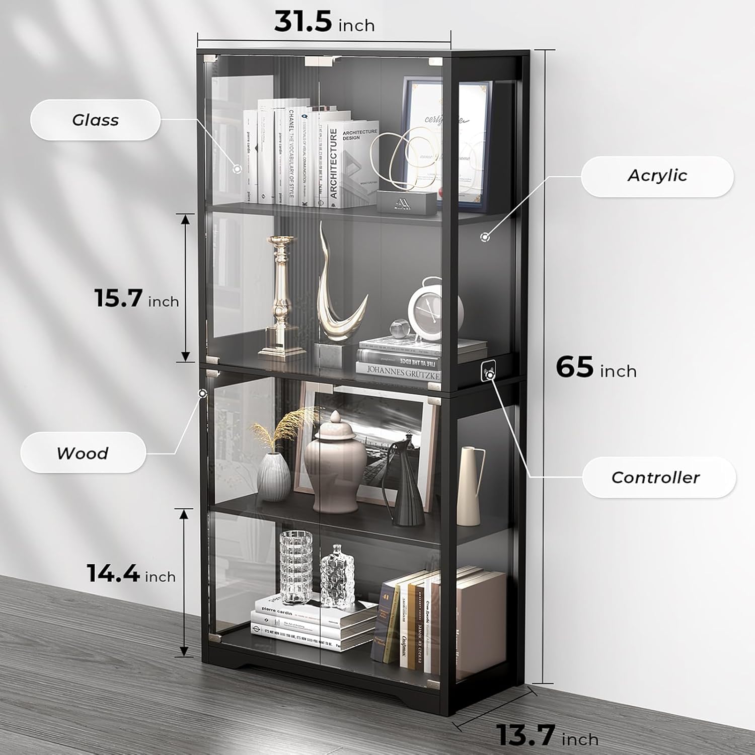 Display Cabinet with Glass Doors, 4-Tier Curio Cabinet with 3 Color Lights for Collectibles, Glass Display Case with Human Body Sensor, Storage Cabinet, White🔥