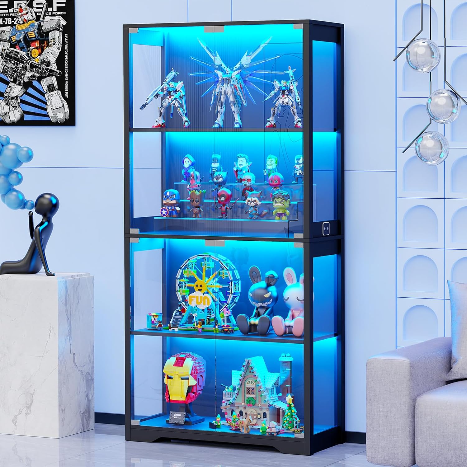 Display Cabinet with Glass Doors, 4-Tier Curio Cabinet with 3 Color Lights for Collectibles, Glass Display Case with Human Body Sensor, Storage Cabinet, White🔥