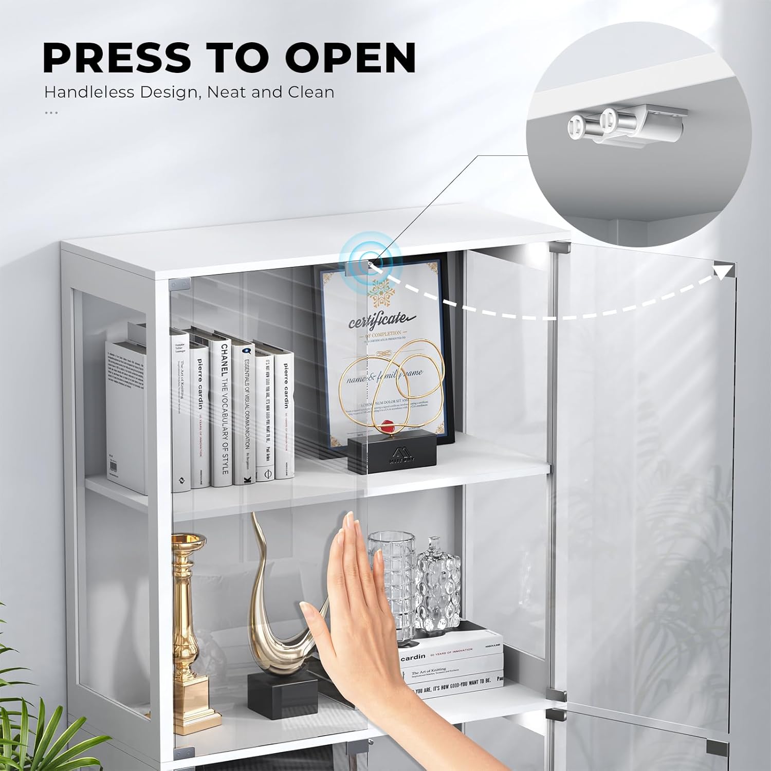 Display Cabinet with Glass Doors, 4-Tier Curio Cabinet with 3 Color Lights for Collectibles, Glass Display Case with Human Body Sensor, Storage Cabinet, White🔥