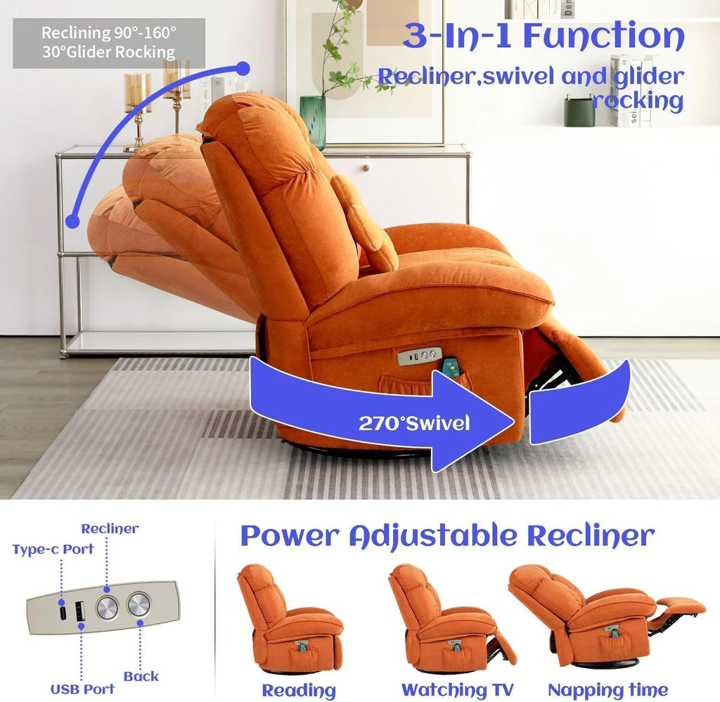 Power Recliner Chair, Massage Rocker Recliner Chairs for Adults with Heated, Oversized Rocker Swivel Chairs for Living Room, Comfy Nursery Rocking Chairs with USB-C Ports and Side Pocket, White🔥