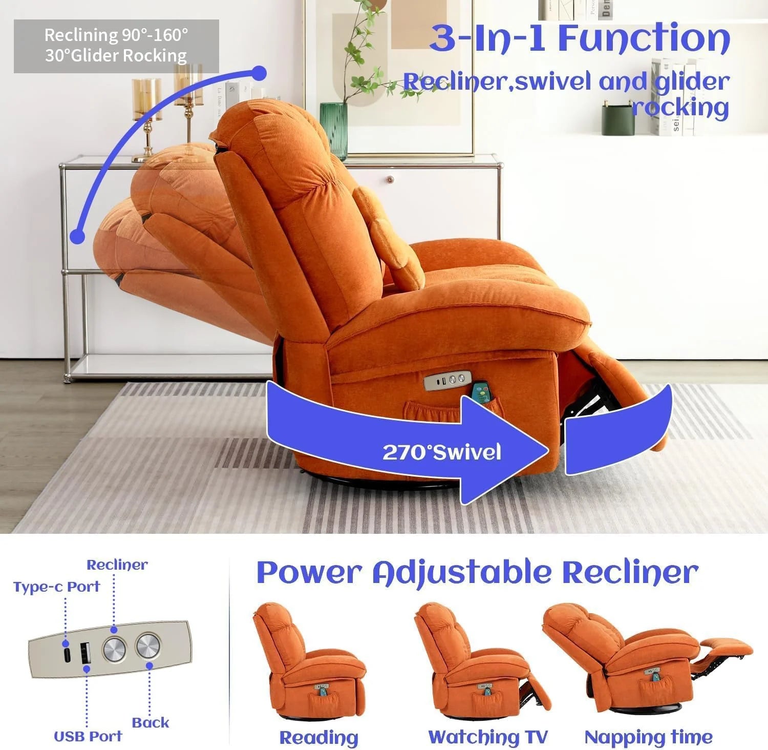 Power Recliner Chair, Massage Rocker Recliner Chairs for Adults with Heated, Oversized Rocker Swivel Chairs for Living Room, Comfy Nursery Rocking Chairs with USB-C Ports and Side Pocket, White🔥