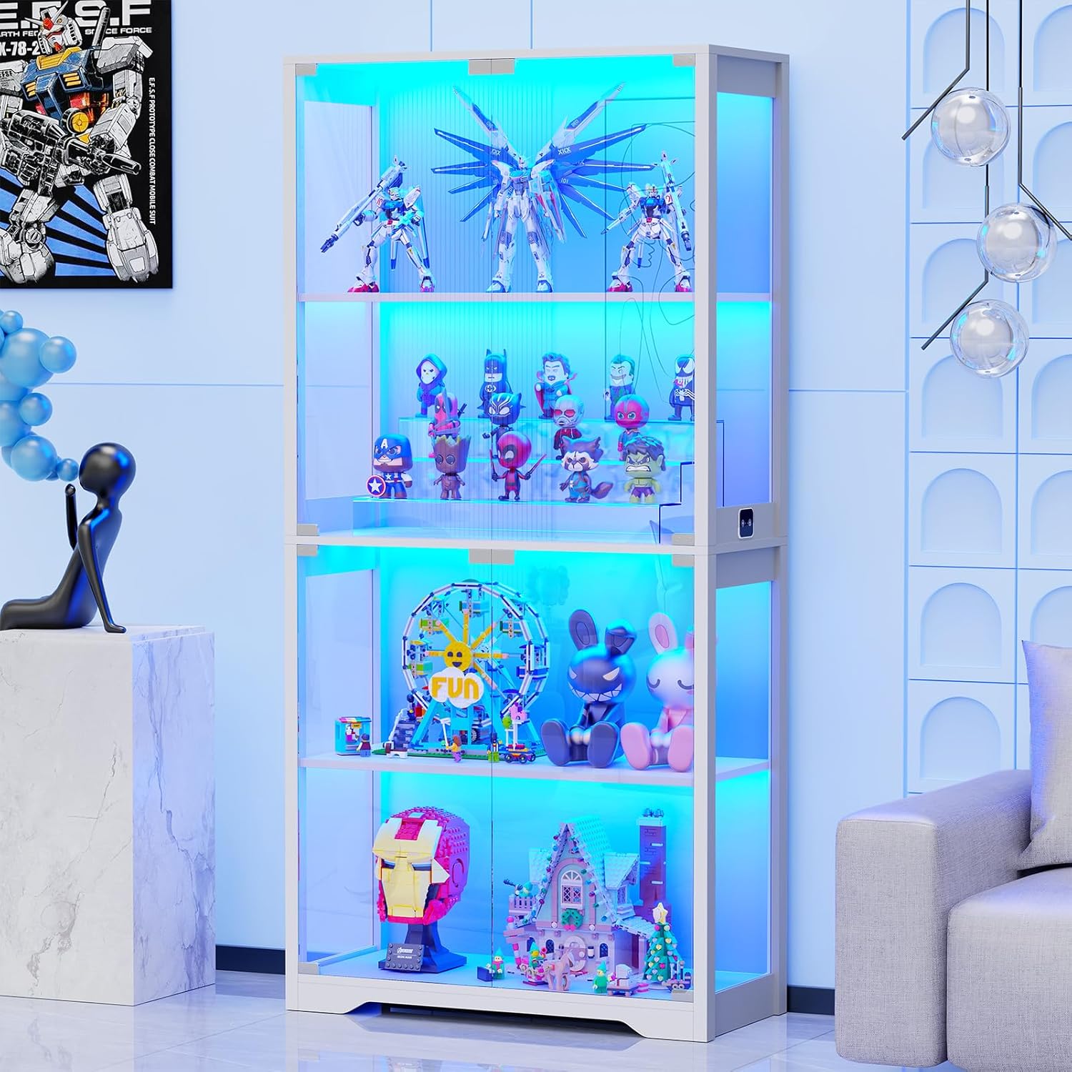 Display Cabinet with Glass Doors, 4-Tier Curio Cabinet with 3 Color Lights for Collectibles, Glass Display Case with Human Body Sensor, Storage Cabinet, White🔥