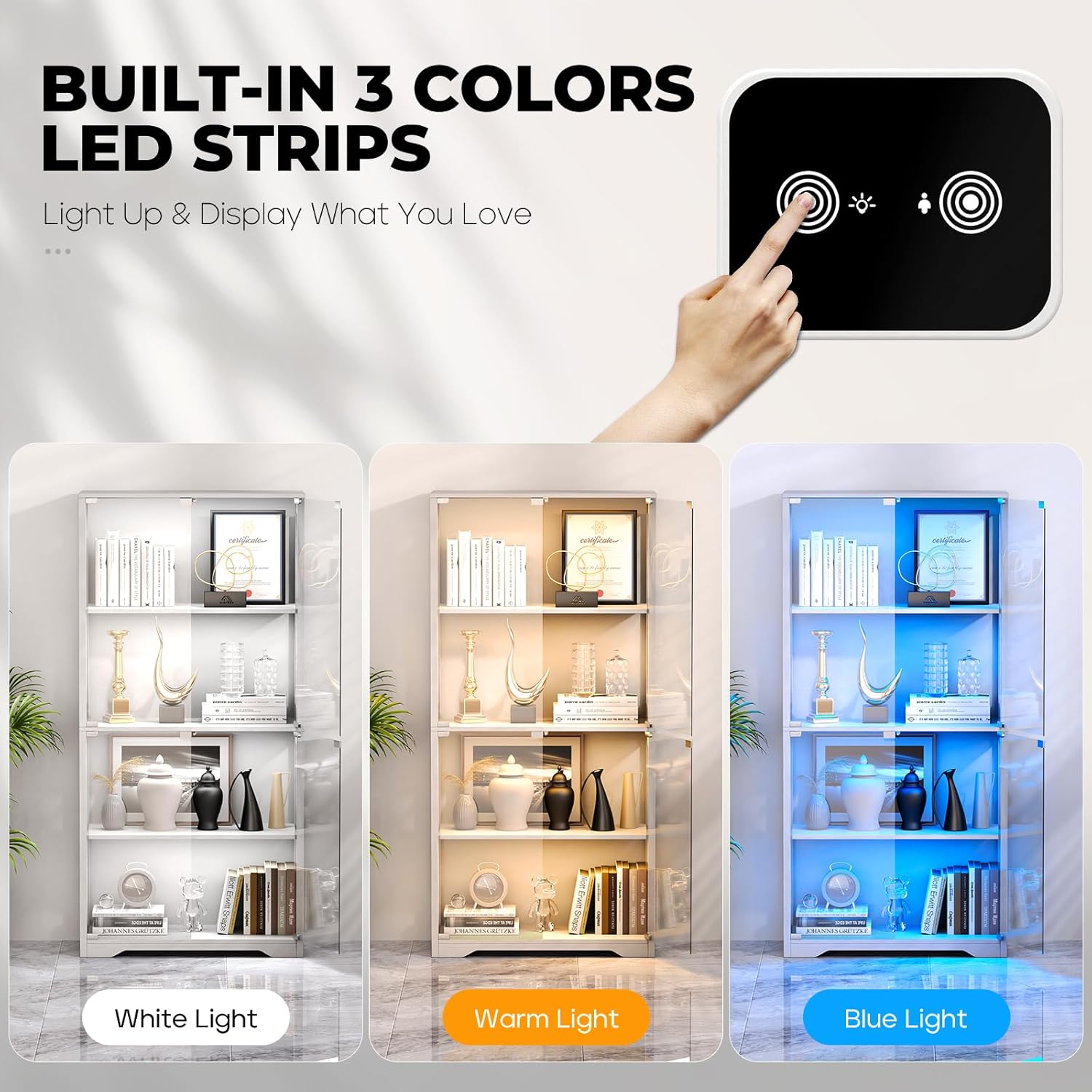 Display Cabinet with Glass Doors, 4-Tier Curio Cabinet with 3 Color Lights for Collectibles, Glass Display Case with Human Body Sensor, Storage Cabinet, White🔥