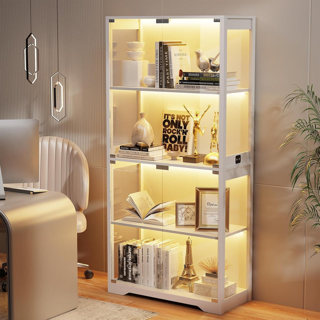 Display Cabinet with Glass Doors, 4-Tier Curio Cabinet with 3 Color Lights for Collectibles, Glass Display Case with Human Body Sensor, Storage Cabinet, White🔥