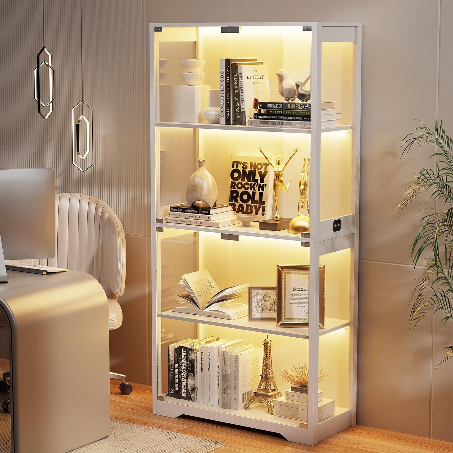 Display Cabinet with Glass Doors, 4-Tier Curio Cabinet with 3 Color Lights for Collectibles, Glass Display Case with Human Body Sensor, Storage Cabinet, White🔥