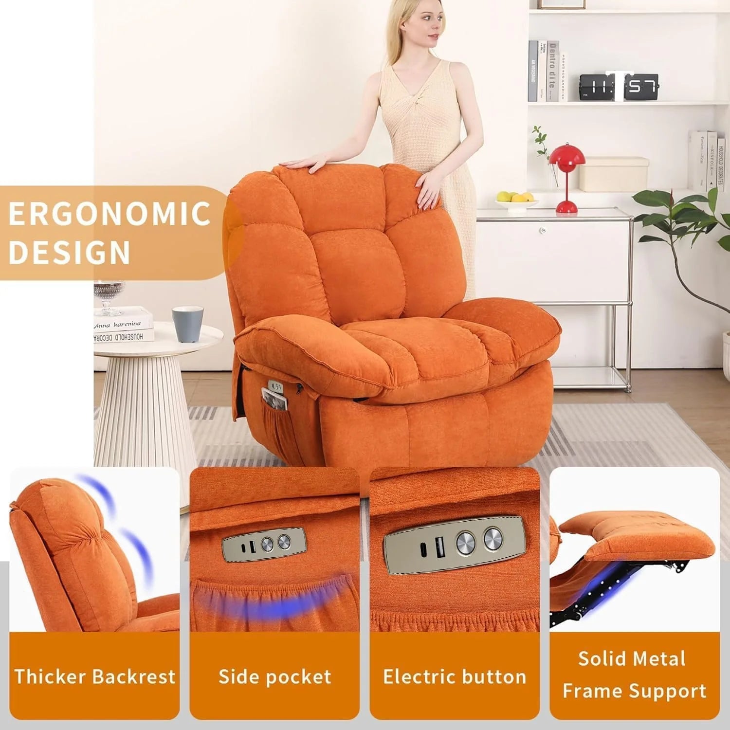 Power Recliner Chair, Massage Rocker Recliner Chairs for Adults with Heated, Oversized Rocker Swivel Chairs for Living Room, Comfy Nursery Rocking Chairs with USB-C Ports and Side Pocket, White🔥