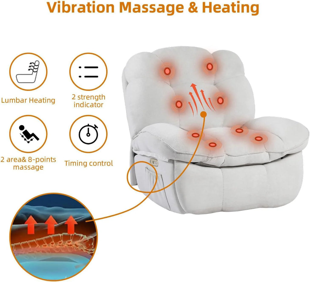 Power Recliner Chair, Massage Rocker Recliner Chairs for Adults with Heated, Oversized Rocker Swivel Chairs for Living Room, Comfy Nursery Rocking Chairs with USB-C Ports and Side Pocket, White🔥