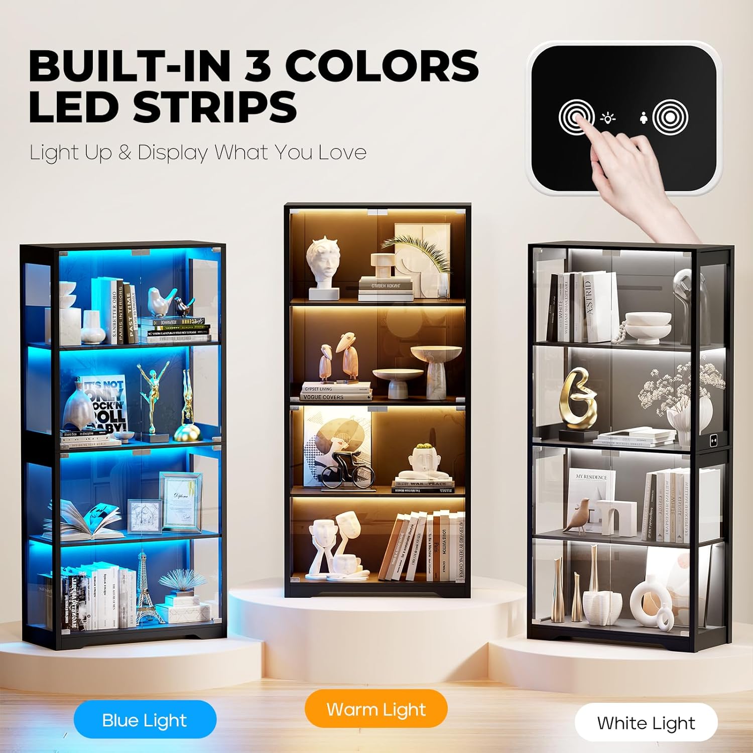 Display Cabinet with Glass Doors, 4-Tier Curio Cabinet with 3 Color Lights for Collectibles, Glass Display Case with Human Body Sensor, Storage Cabinet, White🔥