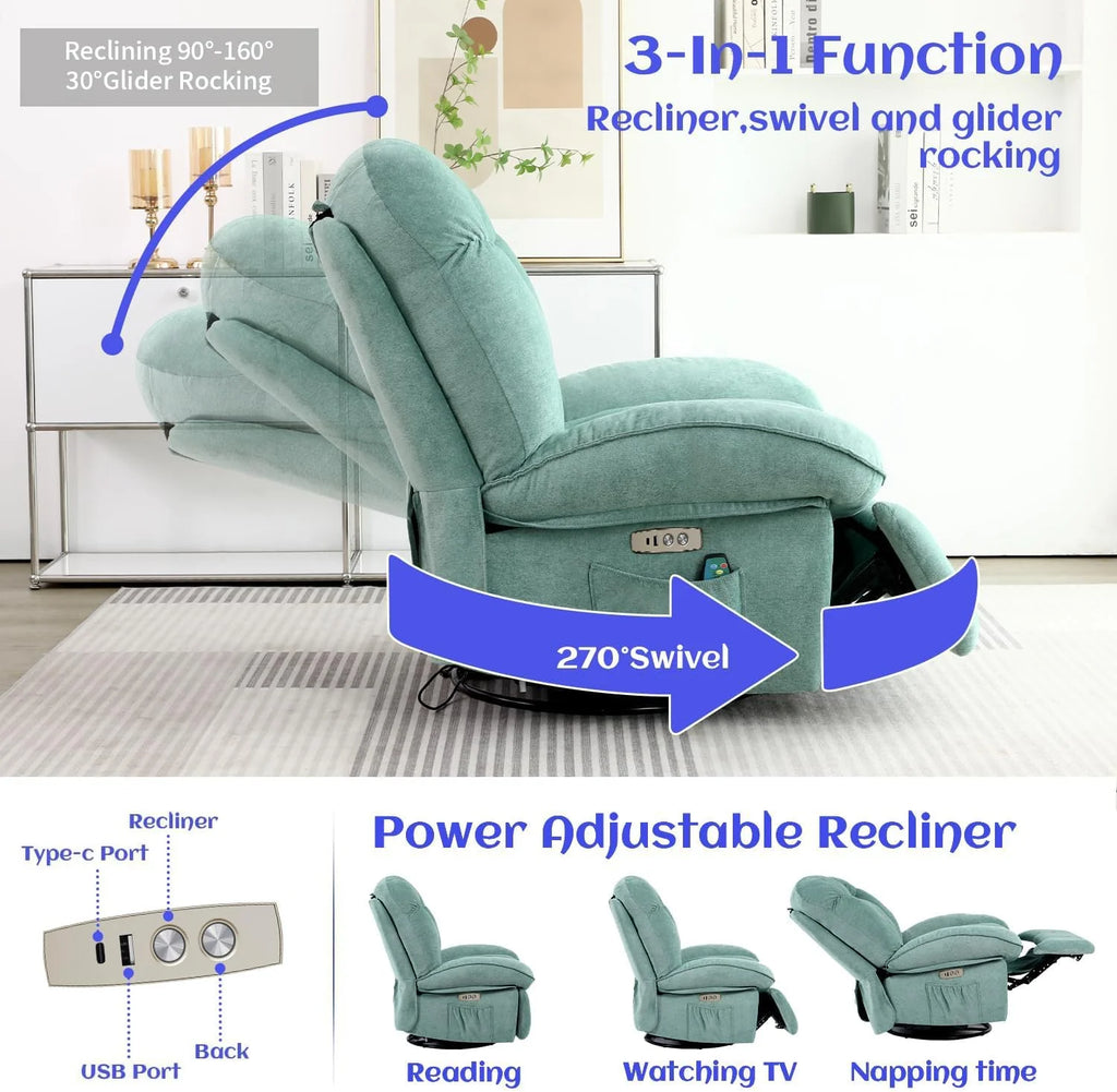 Power Recliner Chair, Massage Rocker Recliner Chairs for Adults with Heated, Oversized Rocker Swivel Chairs for Living Room, Comfy Nursery Rocking Chairs with USB-C Ports and Side Pocket, White🔥