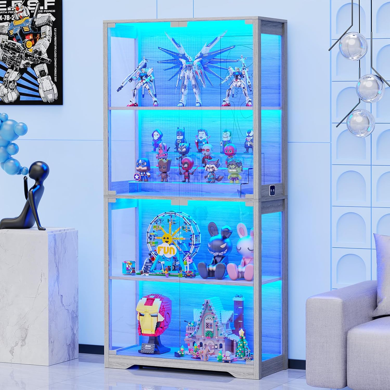 Display Cabinet with Glass Doors, 4-Tier Curio Cabinet with 3 Color Lights for Collectibles, Glass Display Case with Human Body Sensor, Storage Cabinet, White🔥