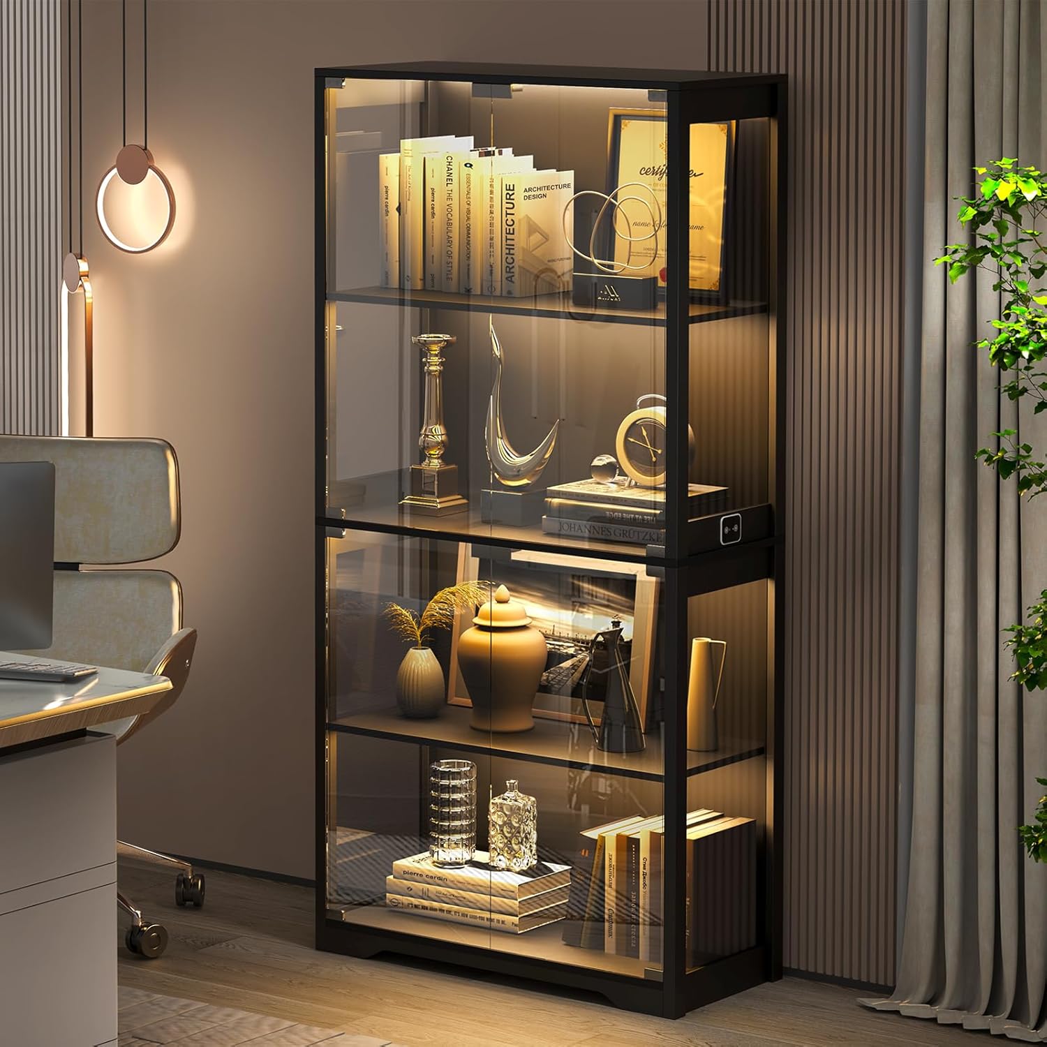 Display Cabinet with Glass Doors, 4-Tier Curio Cabinet with 3 Color Lights for Collectibles, Glass Display Case with Human Body Sensor, Storage Cabinet, White🔥
