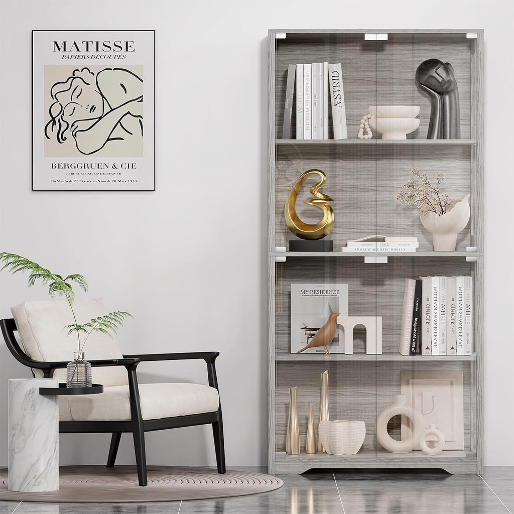 Display Cabinet with Glass Doors, 4-Tier Curio Cabinet with 3 Color Lights for Collectibles, Glass Display Case with Human Body Sensor, Storage Cabinet, White🔥